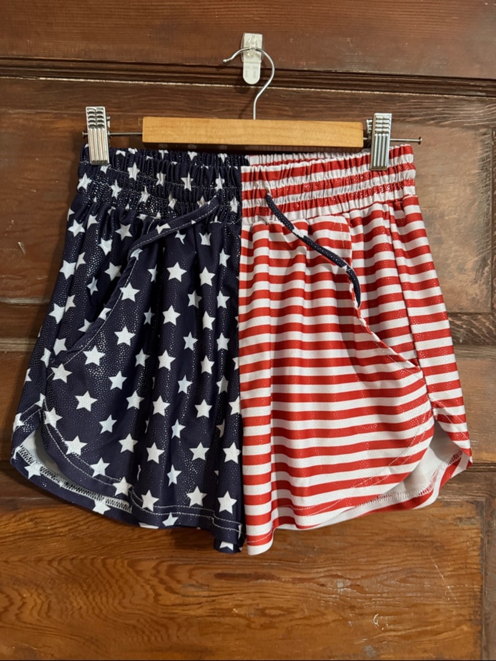 Patriotic Stars & Stripes Athletic Shorts - Red, White, Blue-  Size M
